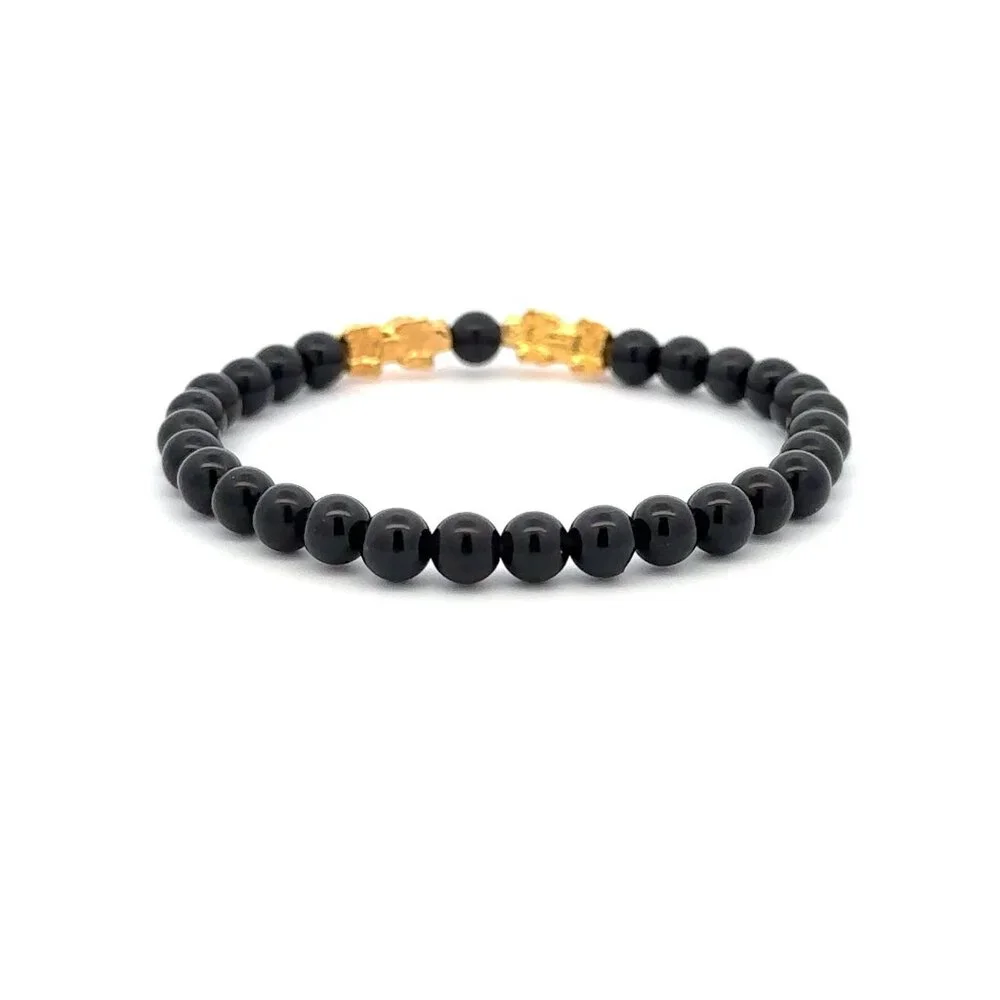 18K Gold Dragon Pixiu Double Piyao Lucky Charm Bracelet Gemstones Obsidian 6mm - Picture 4 of 5